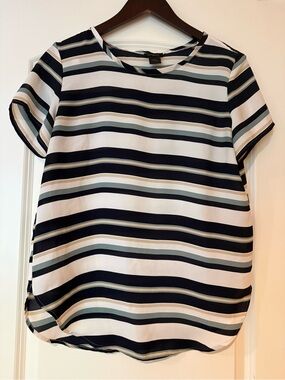 Ann Taylor Striped Short-Sleeve Blouse - black, White, Green & Taupe -Size Small